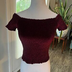UO off the shoulder velvet burgundy top